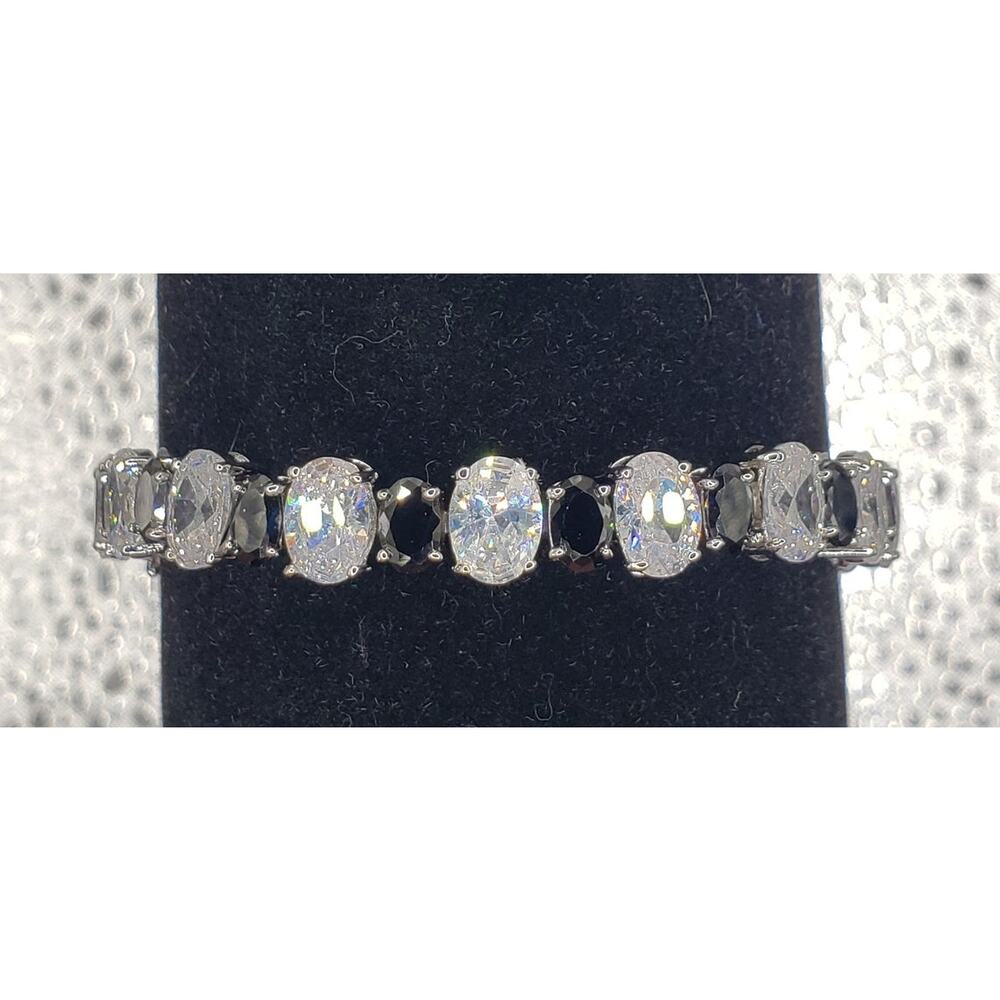 Cubic Zirconia 925 Sterling Silver 7" Tennis Bracelet Black White‎